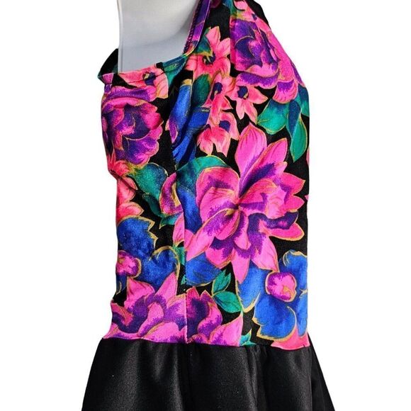 Vintage 80s Swimsuit Skirted One Piece Womens Size M Black Floral Pink Purple - Picture 6 of 7